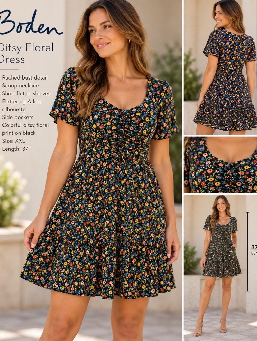 Boden Black W/colorful Ditsy Floral S Sleeve Stretchy Soft Dress. Ladies 20R